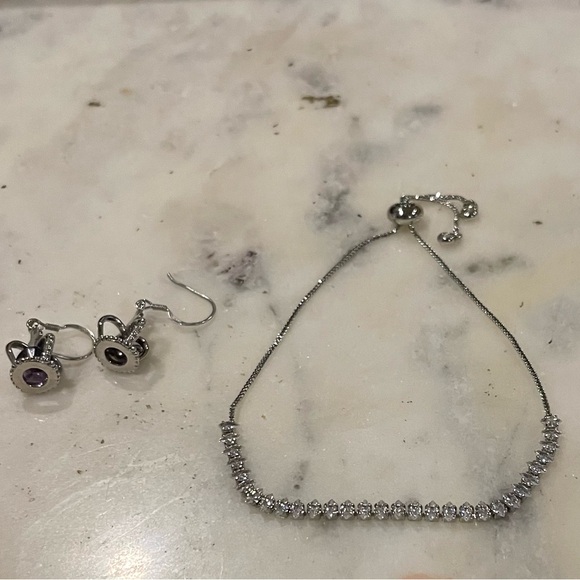 925 Silver Dangle Crown Earrings with Purple Jewels&Silver Toned CZ Bracelet - Picture 10 of 11